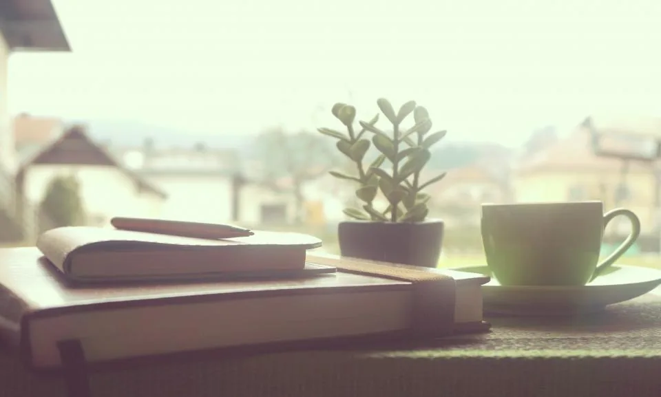 Un carnet fermé, une plante et une tasse sur un rebord de fenêtre ensoleillé : commencer par ce qu'on ne veut plus faire seule