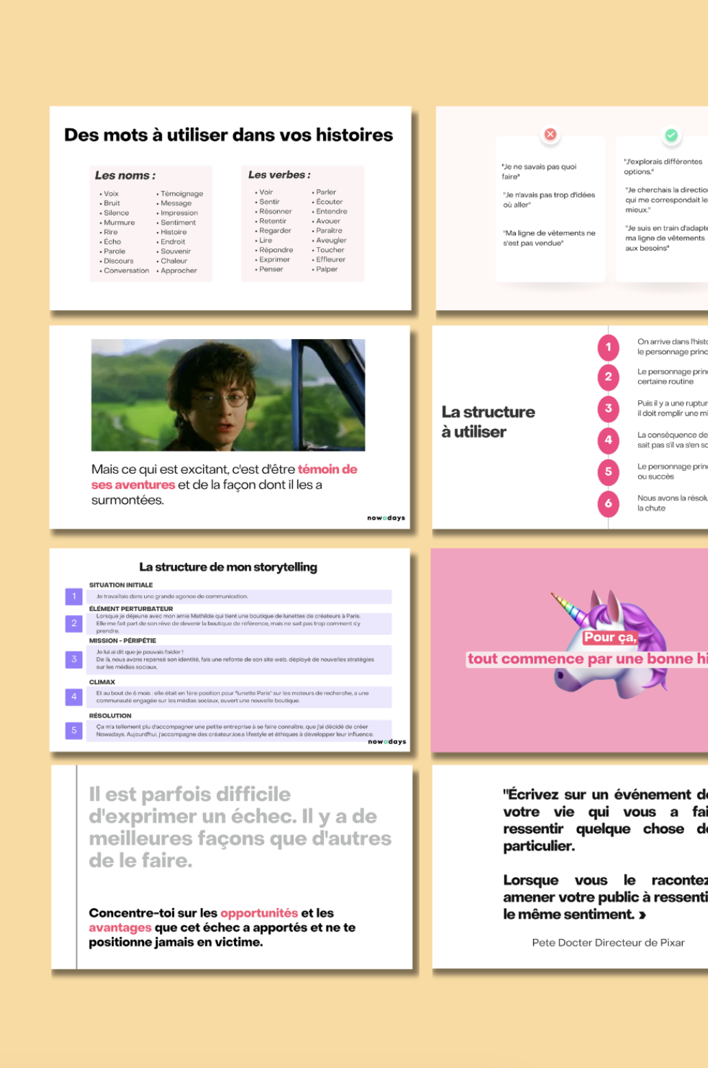 Aperçu des pages du guide storytelling : mots à utiliser, structure du récit en étapes, exemples concrets.