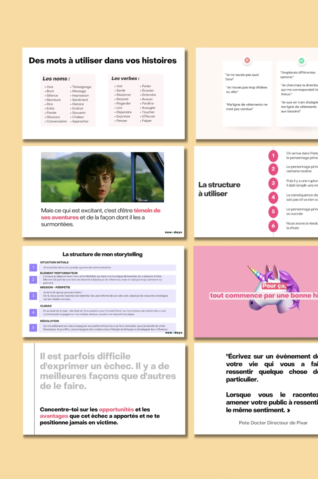 Aperçu des pages du guide storytelling : mots à utiliser, structure du récit en étapes, exemples concrets.