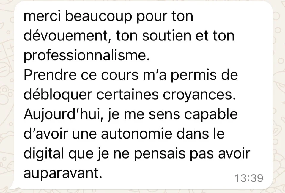 Capture d'écran d'un message WhatsApp de gratitude sur l'accompagnement